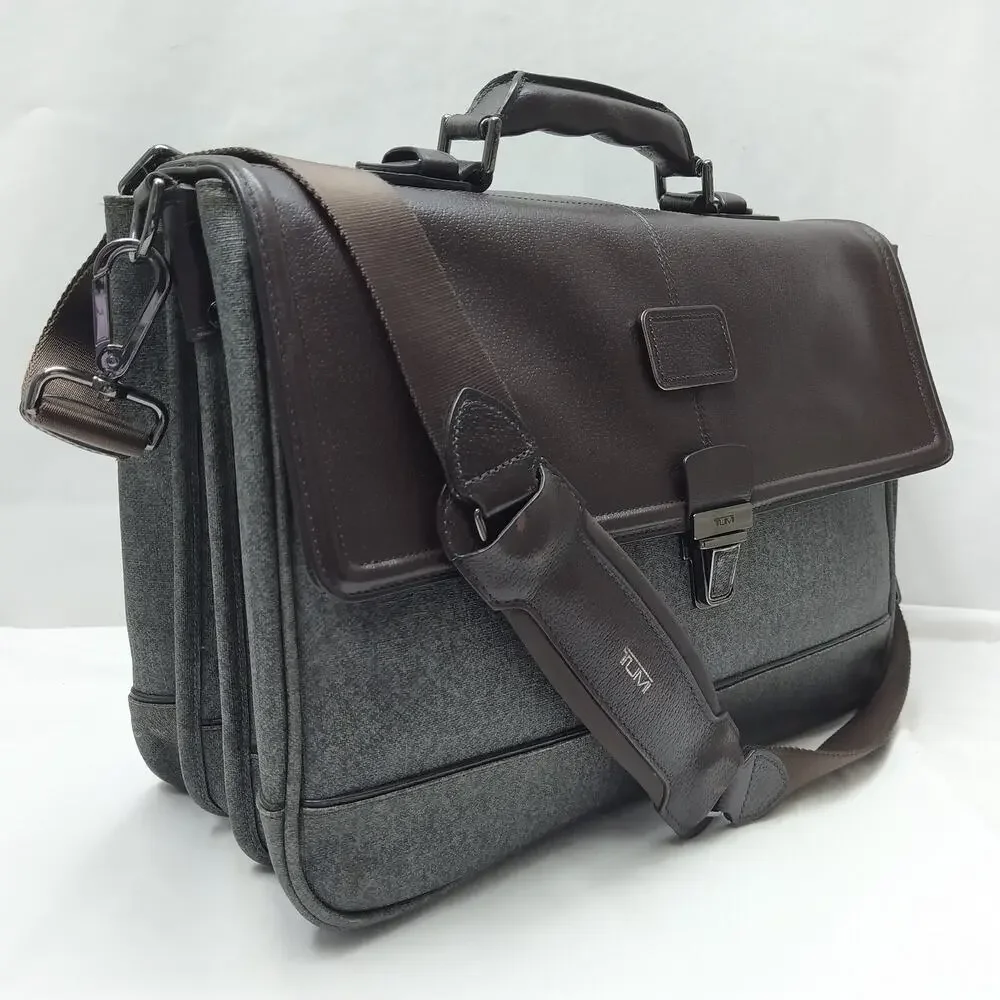 Tumi Brown Leather Gray Canvas Pushlock Laptop Briefcase Business Crossbody Bag